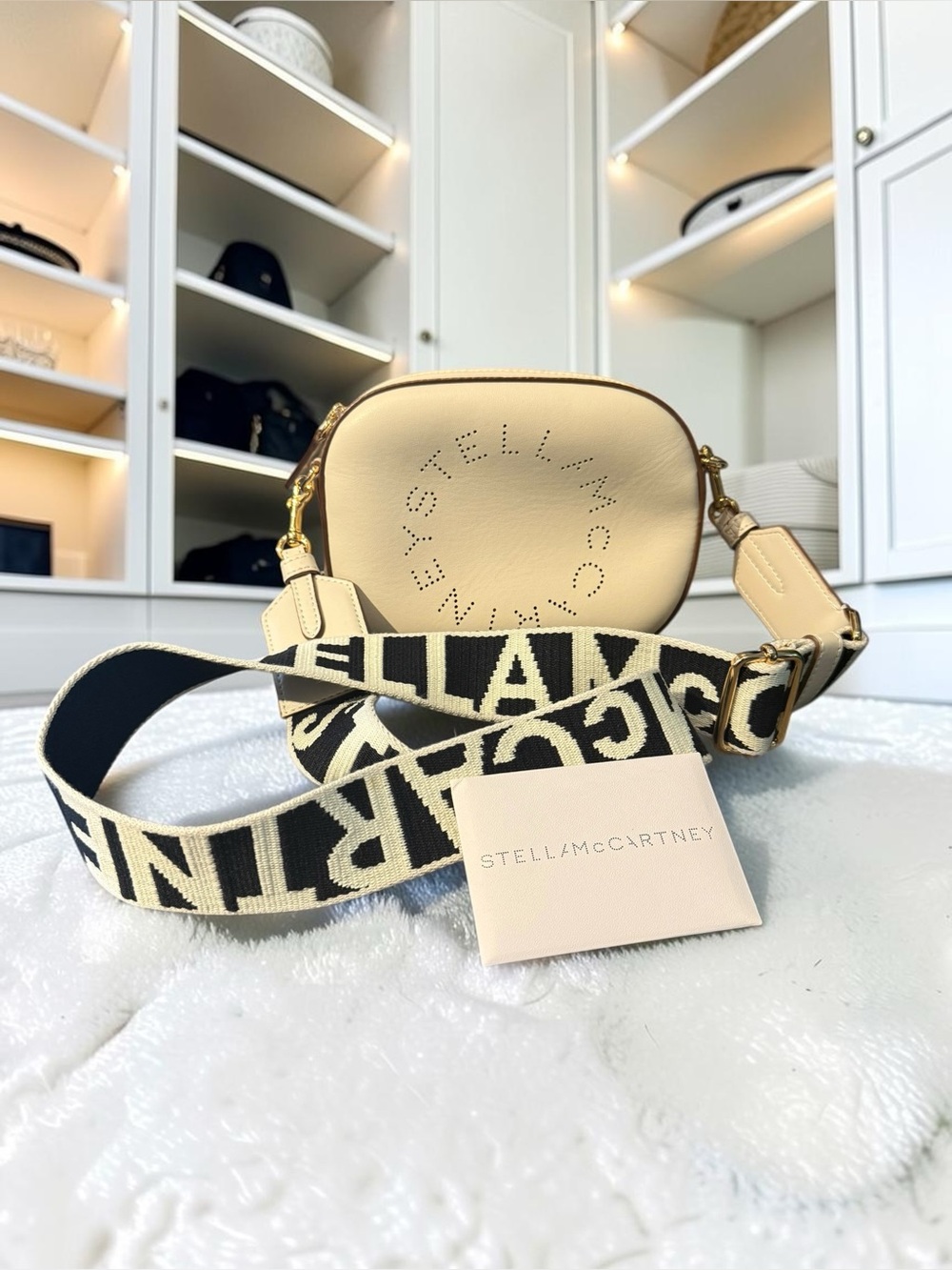 Stella McCartney Cream Mini Crossbody with Logo Strap